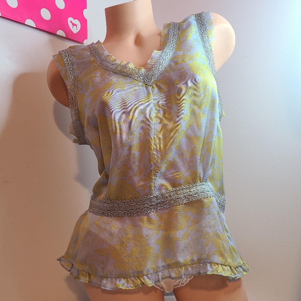 Indigo Palms 100% Silk Sleeveless Ruffle Blouse Size Lg